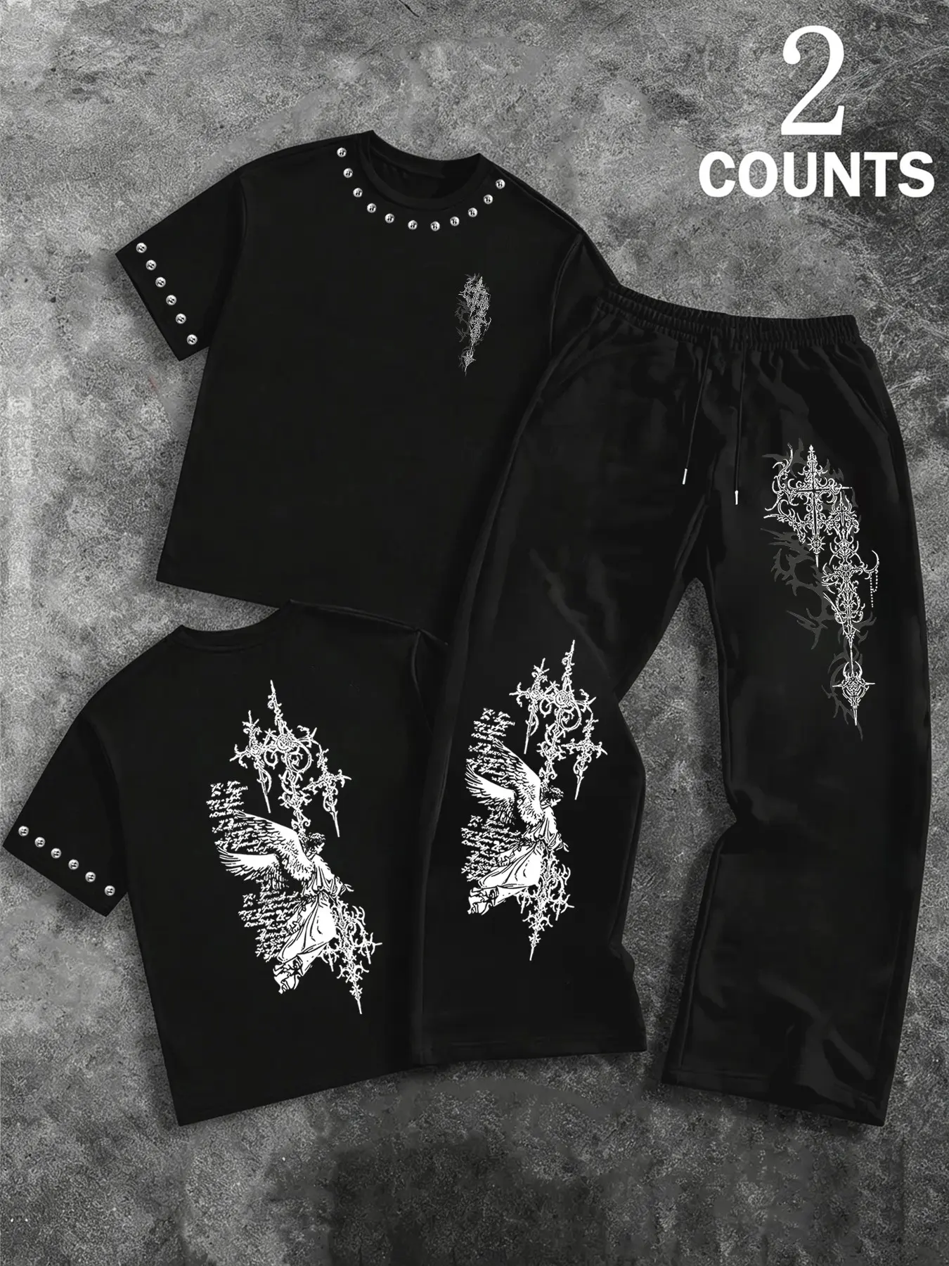Men's American Dark Street Style Rivet Print Round Neck Set, Angel Cross Totem Print, Metal Rivet Decoration, Drawstring Waist, Casual/streetwear Two-Piece Set