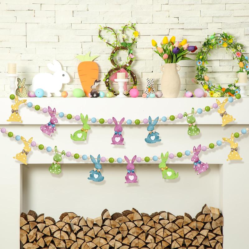Easter Bunny Garland Banner with Wood Beads for Easter Decor, Rustic Rabbits Hanging Garland for Mantle Fireplace Shelf Wall Display Spring Home Decor, Shamrock Garland for St. Patrick's Day Luck Of The Irish Green Decor, Indoor Party Supplies & Gifts