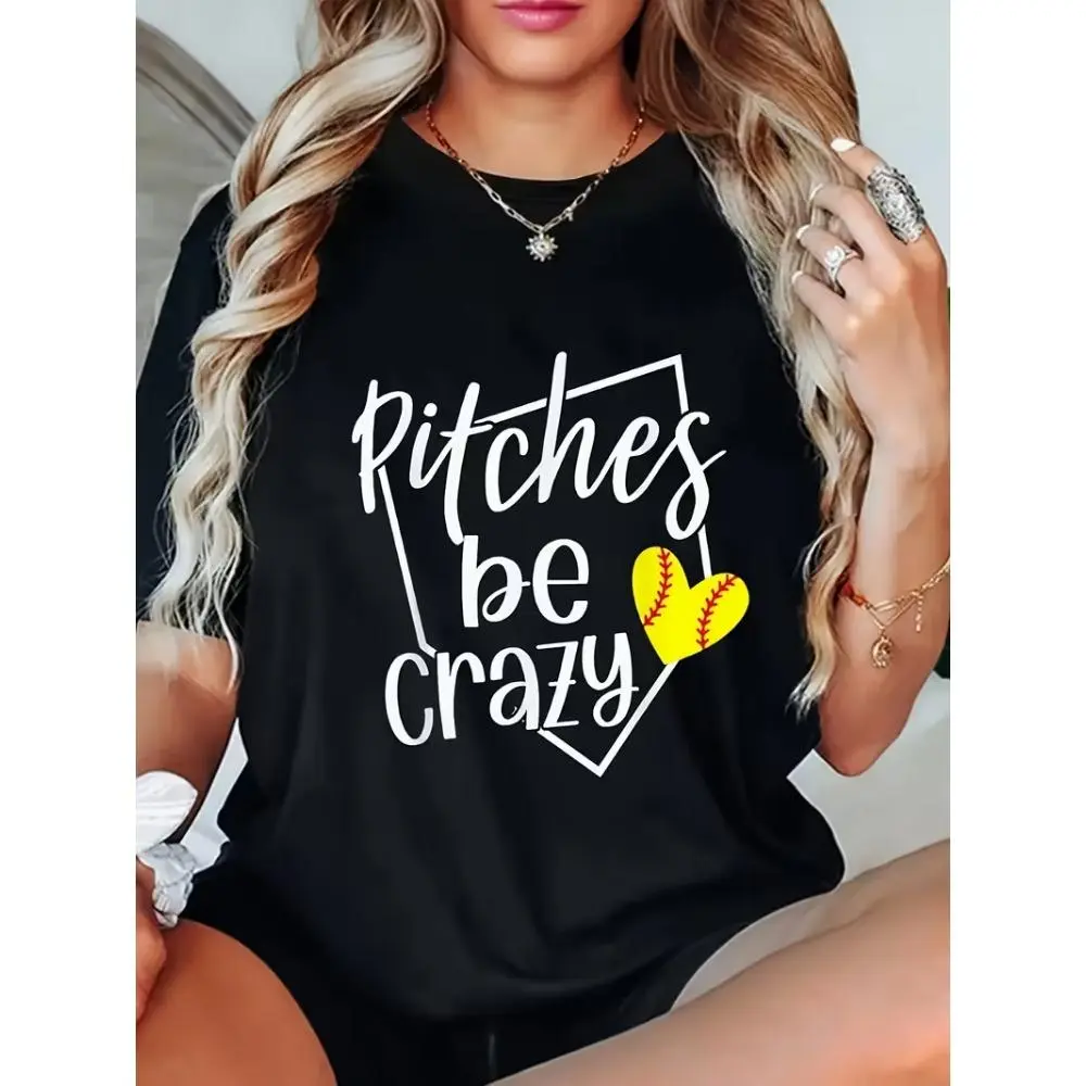 Women's Soft Funny Slow Pitch Baseball Graphic T-Shirt - Round Neck, Short Sleeve, Seamless Cotton-Blend Casual Clothes, 95% Polyester 5% Spandex, Smooth Solid Fabric, Regular Length, Machine Washable, Versatile for 2 Key Seasons