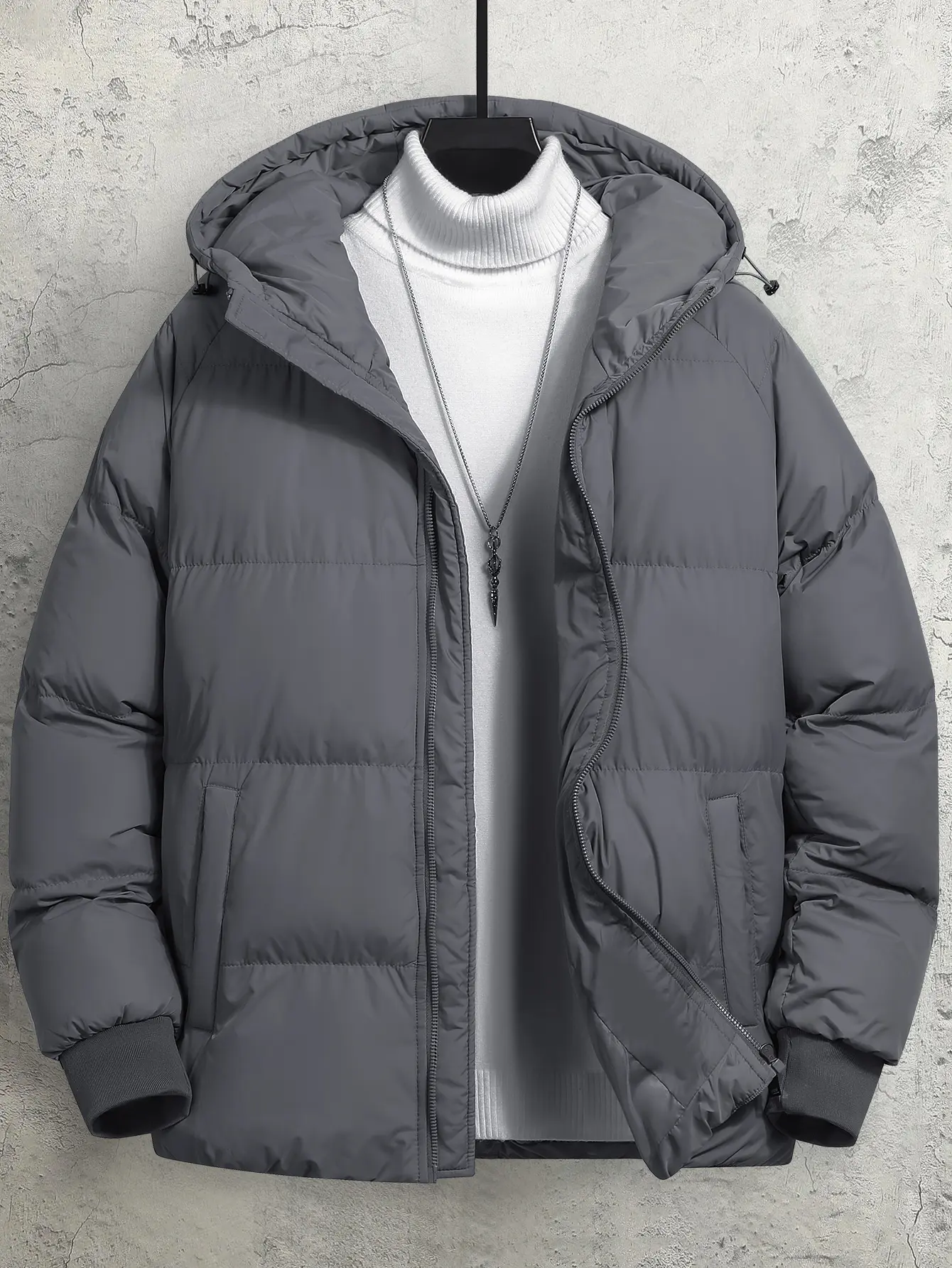 Men's Woven Cotton Hooded Puffy Jacket - Long-Sleeve, Zip-Up, Windproof, Loose Fit, Autumn Winter Warm Casual Street Style Top with Pockets, M