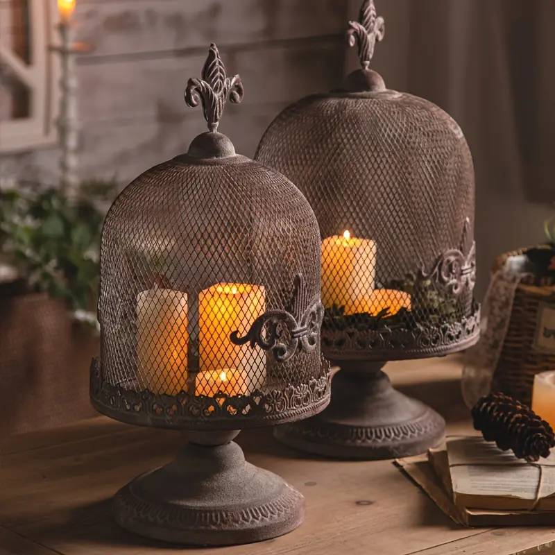 Vintage Weathered Grid Metal Lantern with Adjustable Stand - Decorative Rustic Charm Victorian Vibe Birdcage Candle Holder, Gothic Wedding Home Decor for Home Supplies, Garden Use, Wardrobe