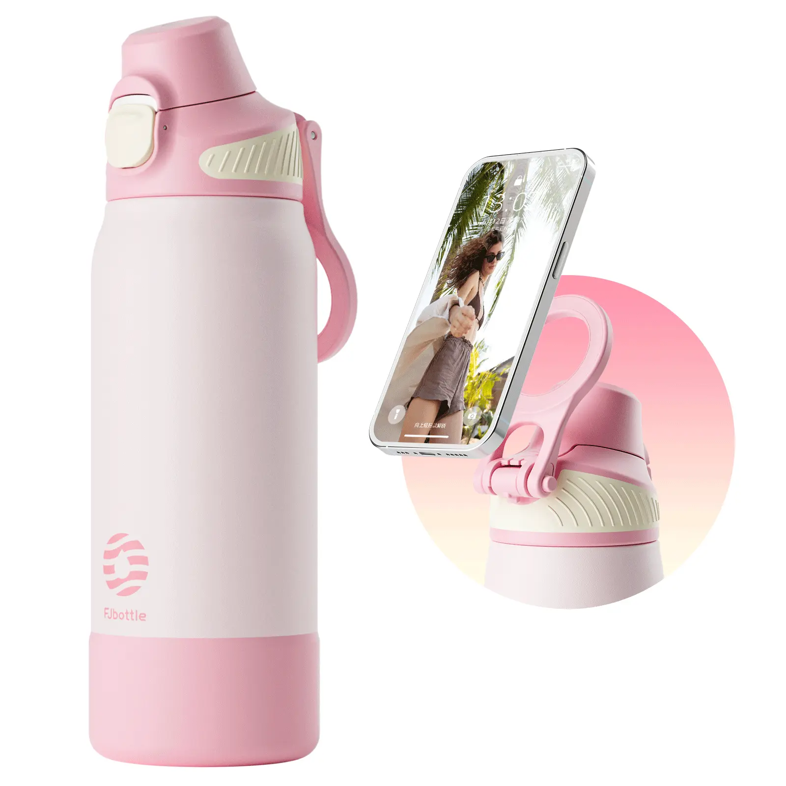 FJbottle Portable Insulated Vacuum Stainless Steel Water Bottle - Kitchen Drinkware with Magnetic Phone Holder, Pour Lid, Wide-Mouth Ice Compatibility, Flask Bottle for Adults, Gym, Daily Use, Insulated Vacuum Tumbler