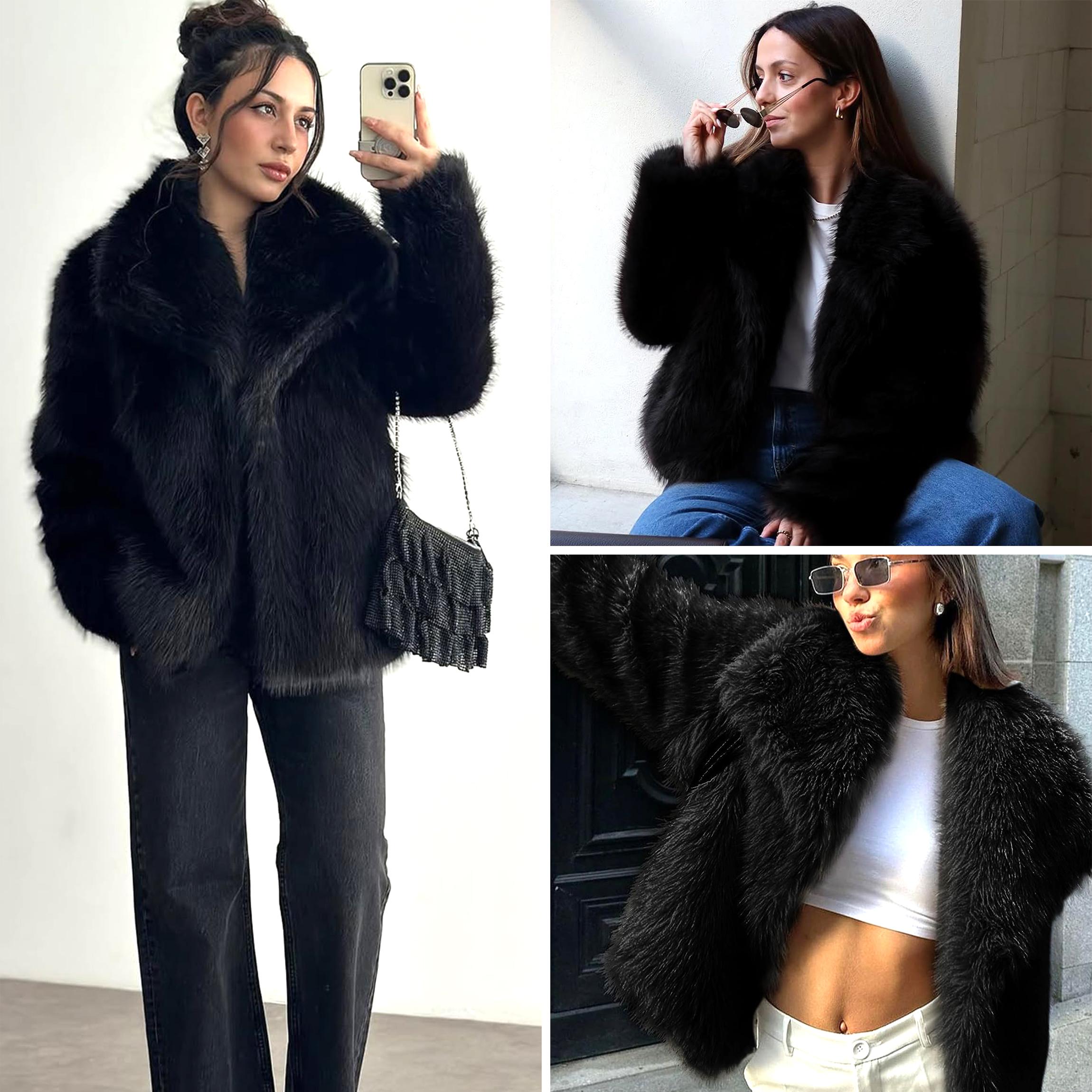 Buenoble Women's Brown Faux Fur Coat Winter Fluffy Short Jacket Warm Fuzzy Oversized Outwear Top Shaggy Collar Full Lining Short Jacket with Side Pockets SpringStatements