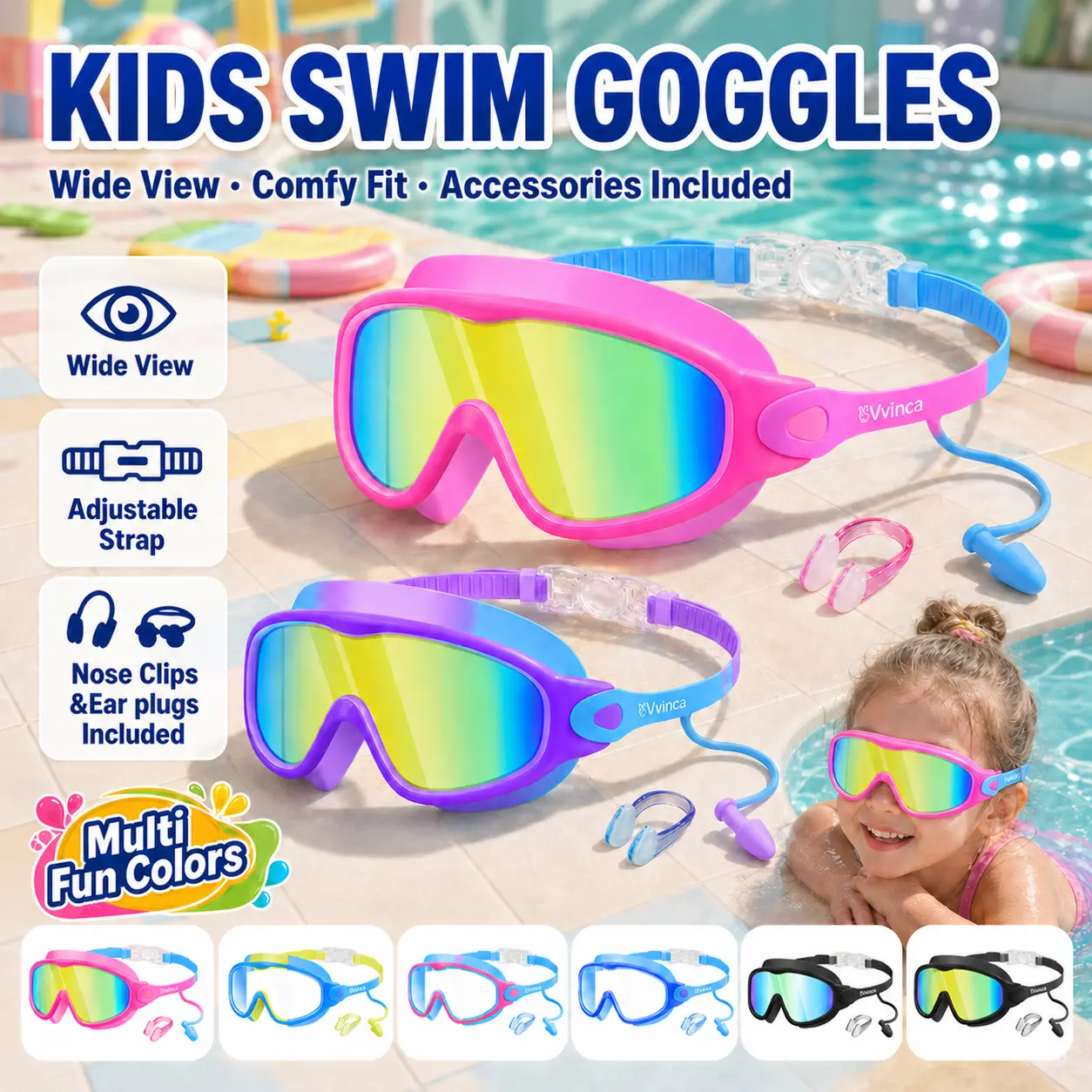 [BackToSchool] Vvinca Kids Swim Goggles for Ages 3-12+ Kids,Youth,UV Protection Anti-Fog Wide View Waterproof Goggles for Boys and Girls - Safety anti-uv swimming goggles swim glass anti-fog  with Earplugs & Nose Clip,for Lake,Beach, Summer Party