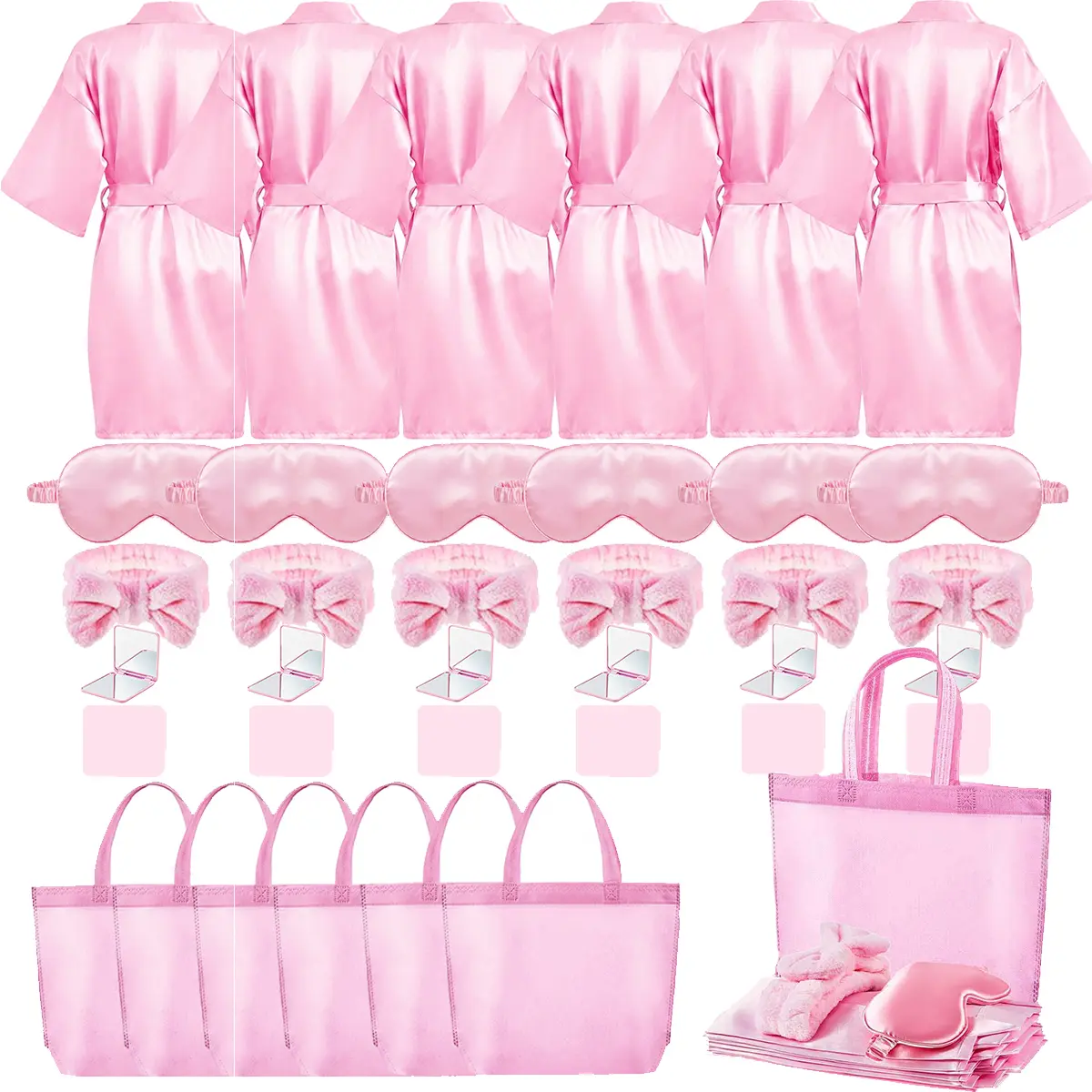 Matching Silky Satin Kimono Robes Set (24 Pcs, 6 Packs) - Fluffy Nightwear Loungewear with Sleep Eye Masks, Spa Headbands, Tote Bags - Bridesmaid Wedding Party Favors, Bridal Shower Gift Supplies