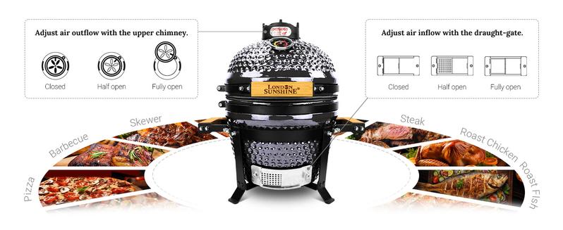 London Sunshine Ceramic BBQ Charcoal Kamado Grill 13 inch Portable Tabletop BBQ Grill Light Gray