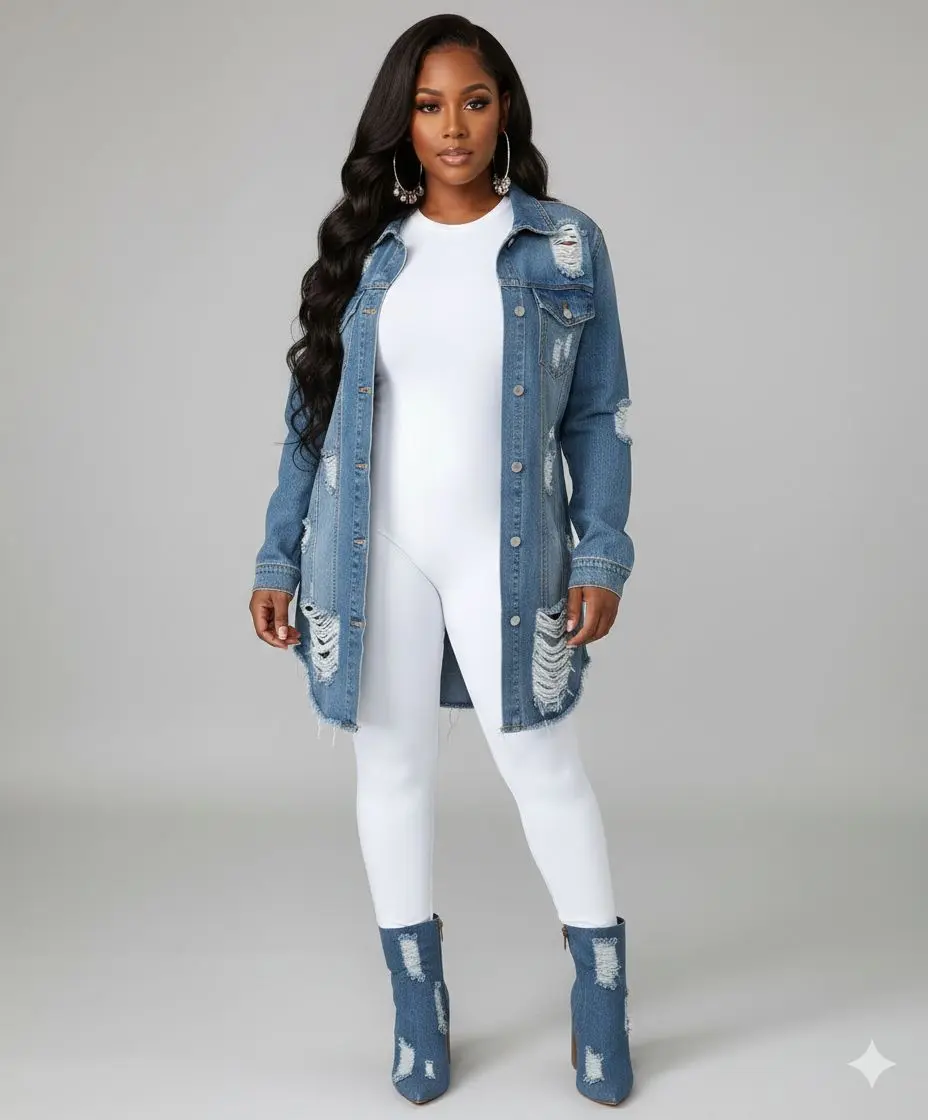 Long Length Denim Distressed Shirt Jacket Long Length Denim Distressed Shirt Jacket