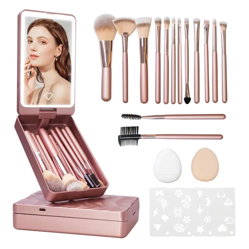 Travel Makeup Brush Set Foundation Powder Concealers Eye Shadows Makeup Set with LED light Mirror 21 Pcs Mini Makeup Brushes