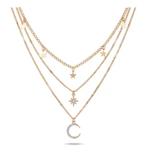 Women's Gold Multi-Layer Star &  Clavicle Chain - Sparkling Diamond-Encrusted  Pendant - Trendy Party Statement Jewelry - Perfect Valentine's Day  & Fashion Accessory for Evening Party, Daily Wear &  Giving season athletes wheat ear copper gift moon