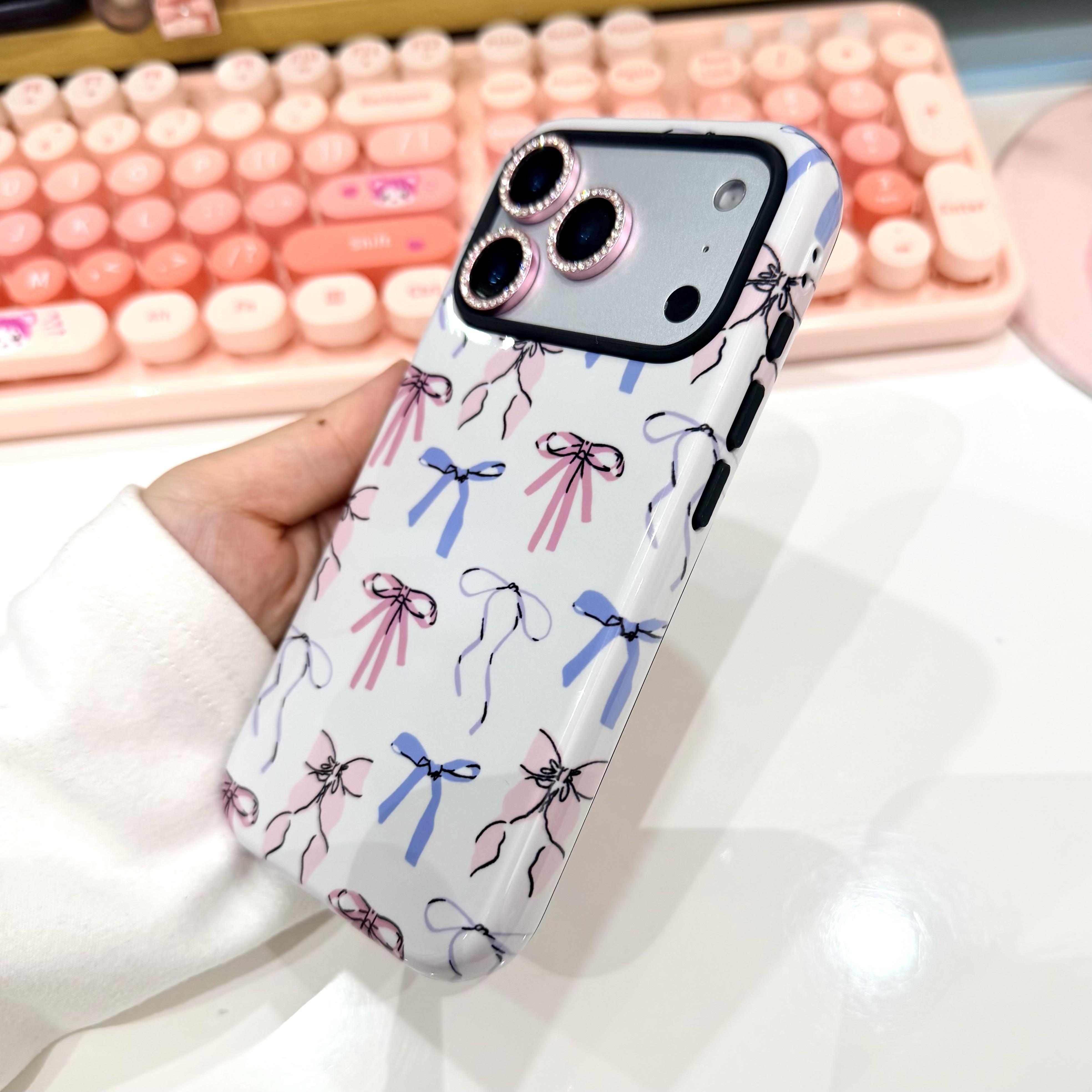 Cute bow iPhone case, hard shell phone cover, dual-layer shockproof design, compatible with iPhone 17/16/15/14/13 Pro/Plus and iPhone 17/16/15 Pro Max cases