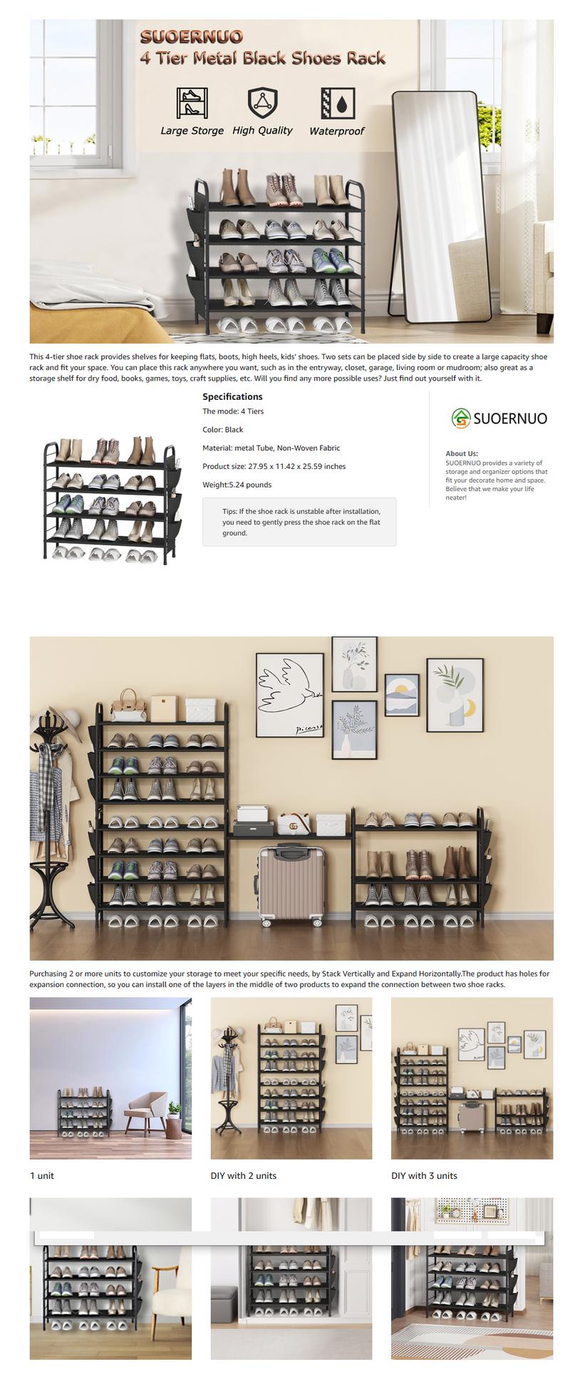 SUOERNUO 4-Tier Shoe Rack Storage Organizer Free Standing Metal Shoe Shelf Compact with Side Bag for Entryway Closet Bedroom Bronze Furniture Organization Holds 9-12 Pairs 10-15 kg Capacity