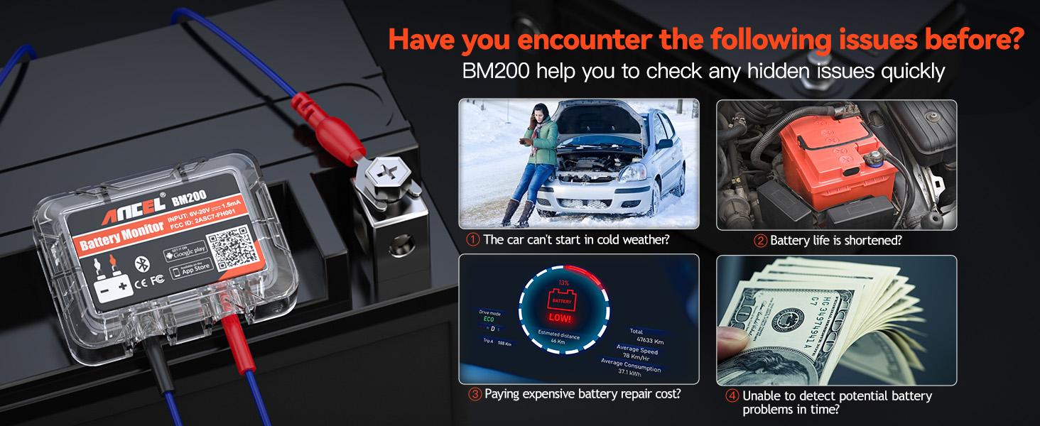ANCEL BM200 12V Car Battery Tester, Bluetooth 4.2 Auto Battery Monitor for Lithium & Lead-Acid Batteries with Cranking & Charging Test, Alarm, Voltage History Voltmeter for Car/RV/Motorcycle/Truck/Boat