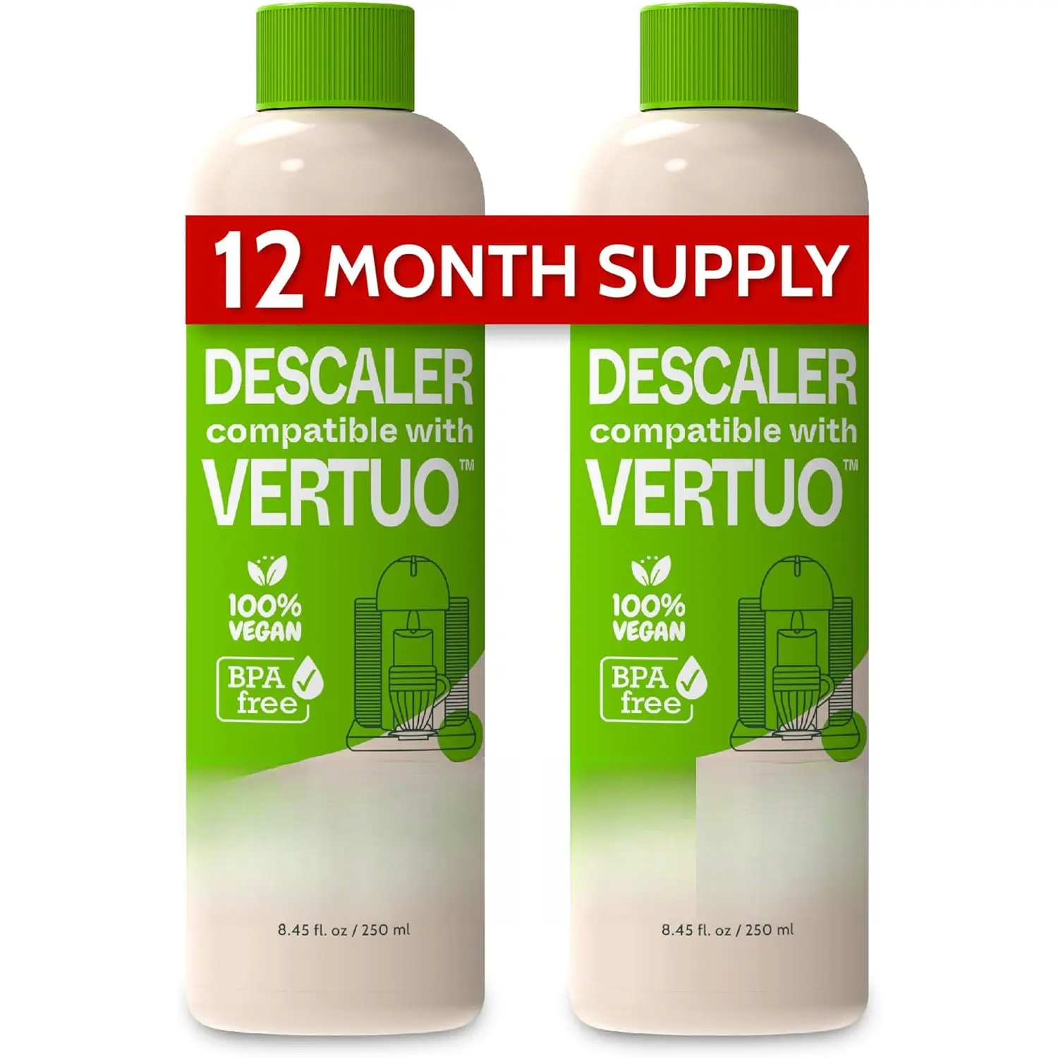 Vertuo Compatible Descaling Solution.  Formula to Clean & Descale Your  Vertuoline Machine. 2 Uses per Bottle, 2 Pack. Carbon Neutral Vertuo Descaling Kit.