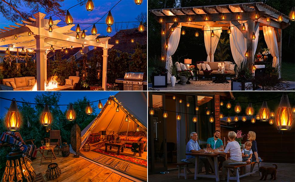 Garden Deco Solar Flame Flickering Lantern, 22Ft Solar Patio Light with 10 Flickering Flame Light Bulbs, Waterproof Lantern For Halloween Christmas Deco Festival, Garden for Outside,Yard,Patio,Porch,Trees,Lawn,Pathway