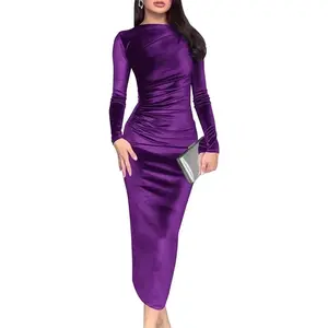 Wenrine Women's Velvet Bodycon Midi Dress Long Sleeve Ruched Elegant Cocktail Party Dresses