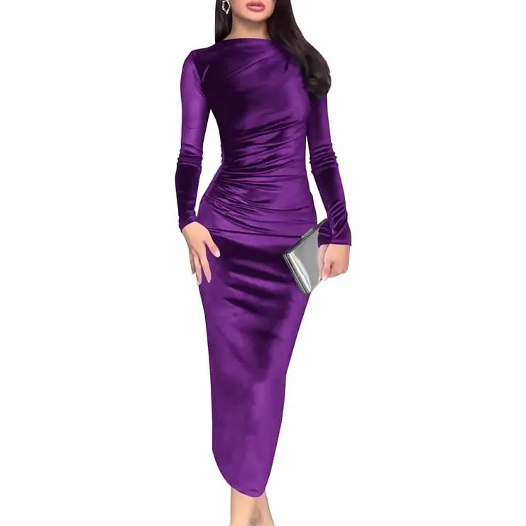 Wenrine Women's Velvet Bodycon Midi Dress Long Sleeve Ruched Elegant Cocktail Party Dresses