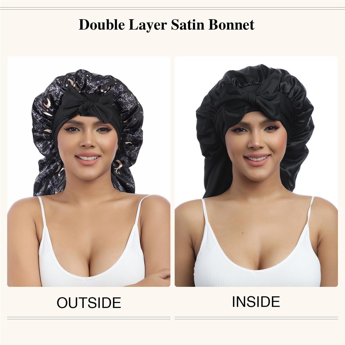 Double Layer Satin Bonnet for Sleeping - Silk Like Texture, Elastic Tie Band, Curly Hair Nightcap, Smooth Haircare, Reusable, 100% Polyester, 55cm Cap Circumference, 94cm Length, 35cm Width, 61cm Rope Length, 6.5cm Rope Width