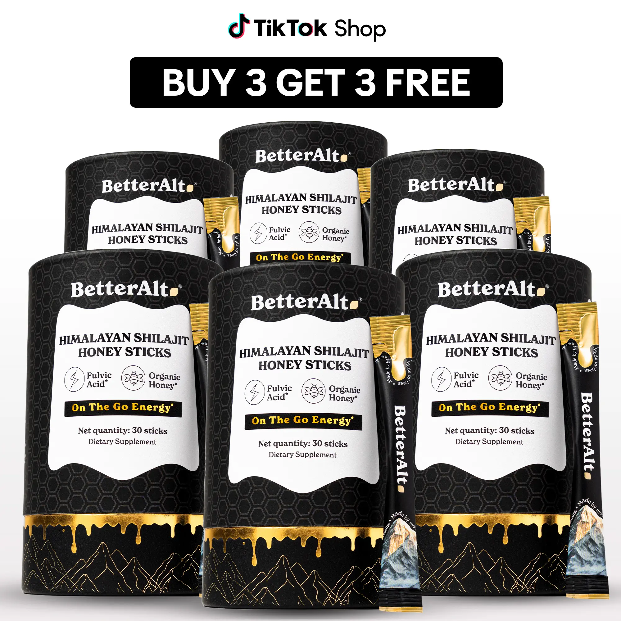 B3G3 Packs of BetterAlt GOLD+ Shilajit Honey Sticks | Caramel, Cinnamon and Classic Flavors | Helps Boost Energy | Lab-Tested for Purity