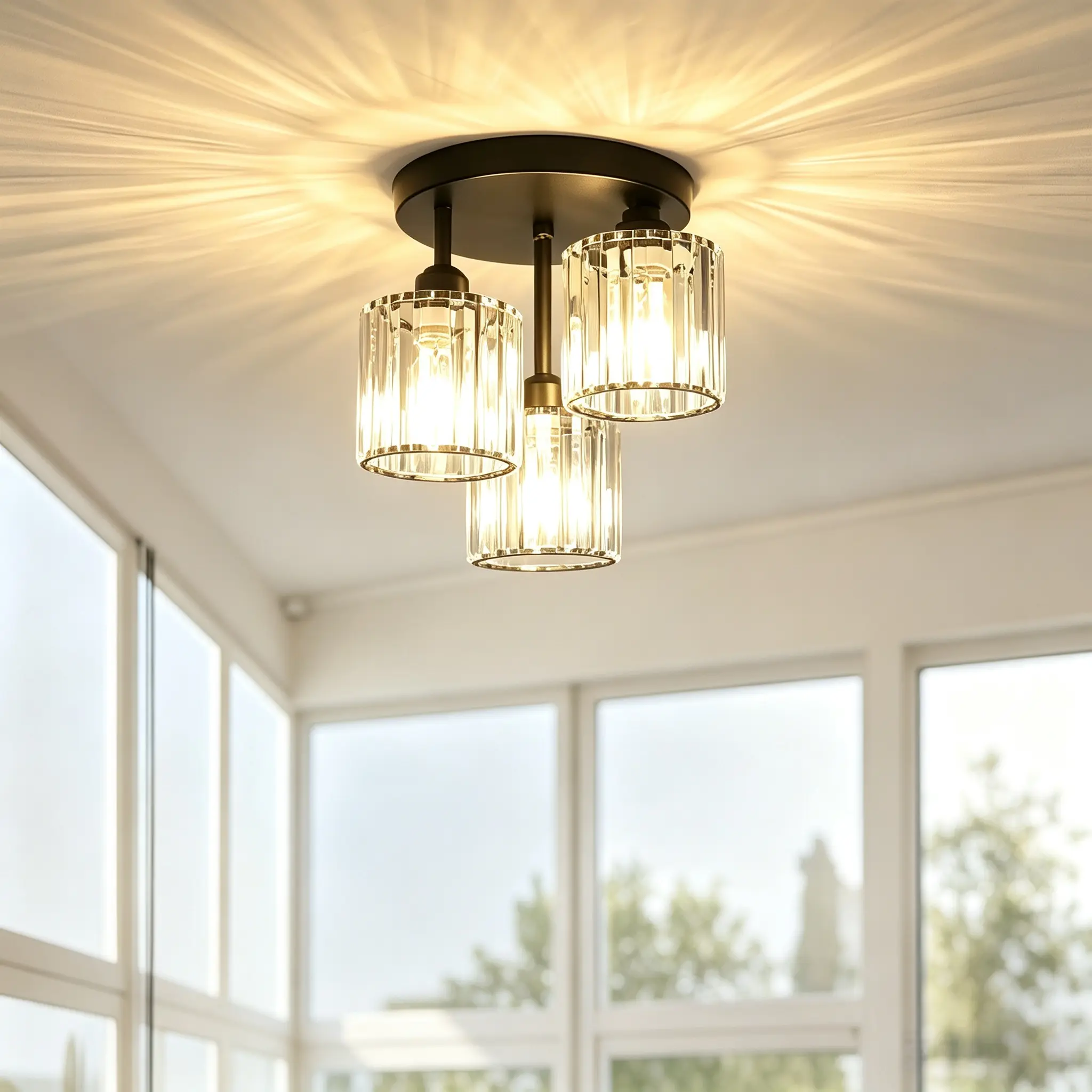Flush Mount Ceiling Light, 3-Light Modern Close to Ceiling Light Fixtures, Black Kitchen Light Fixtures with Clear Crystal Shade