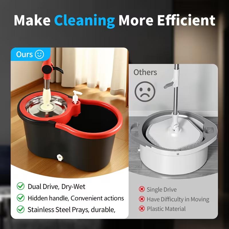 Spin Mop Bucket with Wringer Set Operable 360° Rotating Mop Bucket Set with 3 Microfiber Replacement Heads Stainless Steel 49 Inch Adjustable Handle Household Cleaning Tools Black Plastic