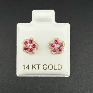 14k gold pink flower earrings