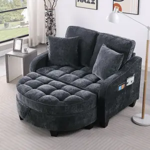 Two-seater sofa, double sofa chaise longue, with irregular armrests and backrests, footrest with storage space, comes with two small throw pillows, suitable for living room and bedroom