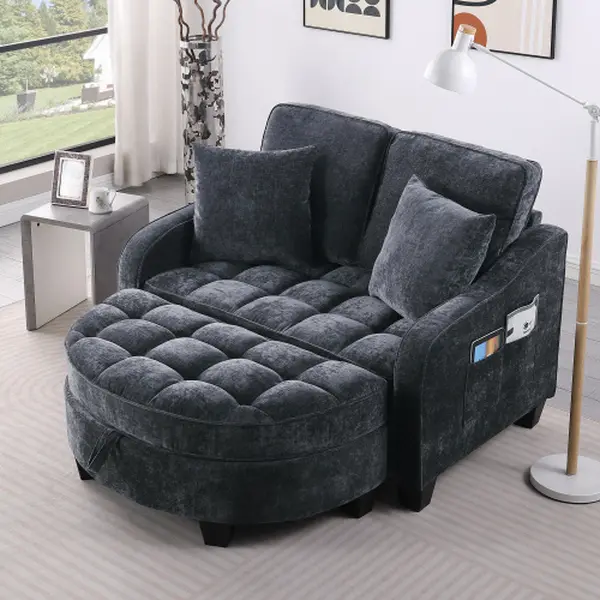 2-Seater Corduroy Curved Upholstered Couch - Irregular Armrests, Irregular Backrests, Storage Footrest, 2 Small Throw Pillows - Upholstered Couch for Living Room, Bedroom (Corduroy Sofa, Curved Sofa)