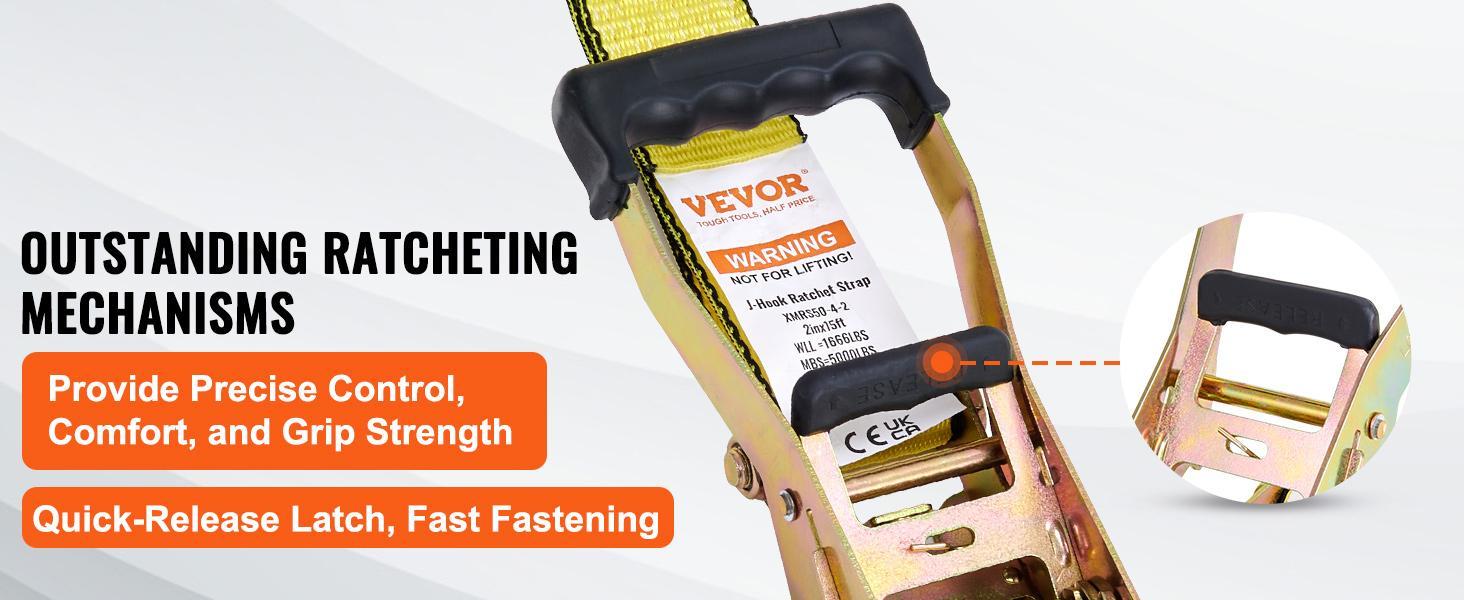 VEVOR Ratchet Tie Down Straps (4PK), 5000 lb Break Strength, Double J Hook Includes 4 Premium 2" x 15' Rachet Tie Downs with Padded Handles, for Moving Securing Cargo, Appliances, Lawn Equipment