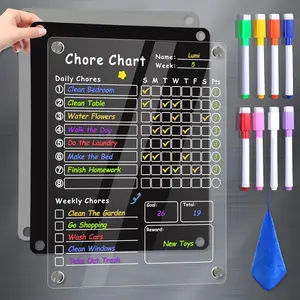 Acrylic Magnetic Chore Chart for Kids, Chore Board, Dry Erase Chore Chart, 12"x9.5" Transparent Erasable Reward Chart for Teens and Adults Chore Checklist with 6 Markers and Towel