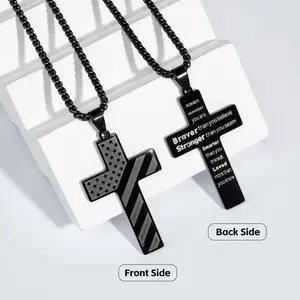 American Flag Cross Necklace for Men, Easter Basket Stuffers Gifts for Him, Stainless Steel Cross Pendant Chain with Bible Verse, Baptism First Communion Pendant Necklace Gifts