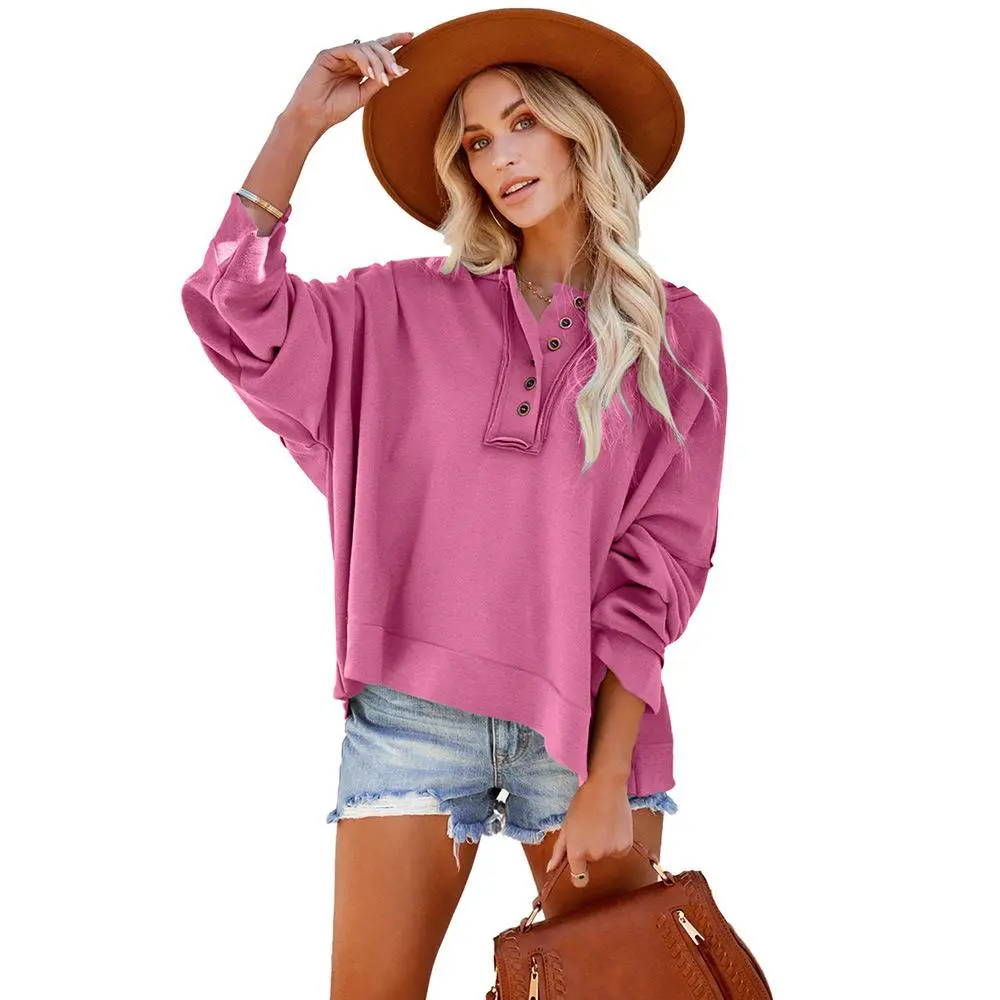 Women's Round Neck Solid Color Button Loose Casual Hoodie Lightweight Long Sleeve Pullover Top for Spring Autumn Outings