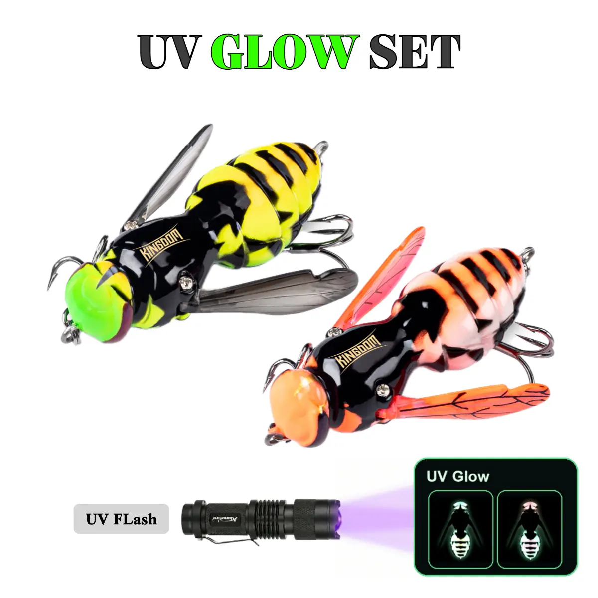 Glow Wasp Topwater Fishing Lures for Bass, Realistic Hornet Style Floating Insect Crawling Bait, UV Glow Kit & Multi-Pack Options, Freshwater Bass, Walleye, Pike & Trout Lures