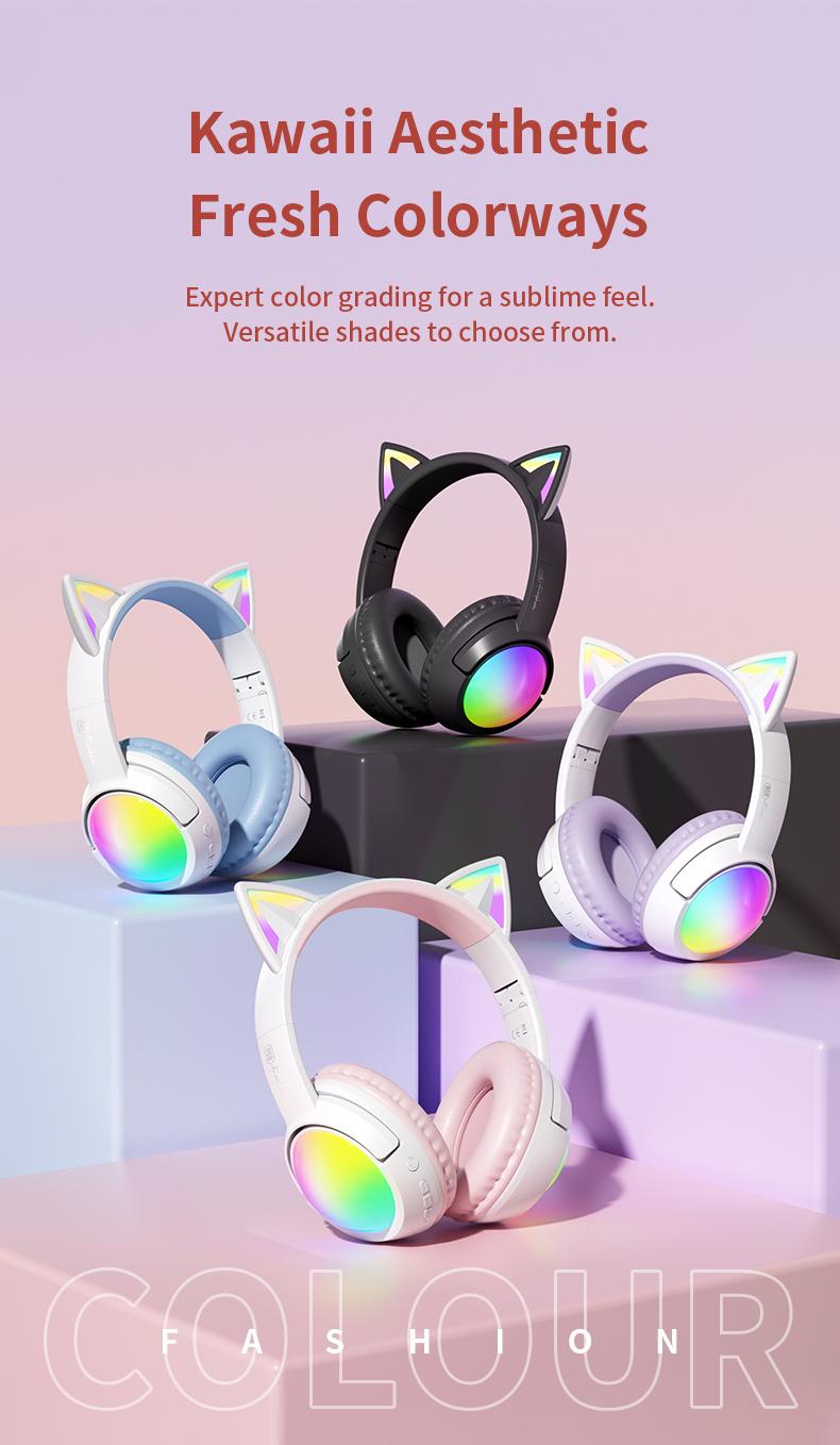 Wireless Bluetooth cat ear headphones with LED lights, foldable, over-ear design, built-in microphone, long battery life, suitable for mobile phones, tablets, iPads, and laptops. A cute gift for children, teenagers, and adults.
