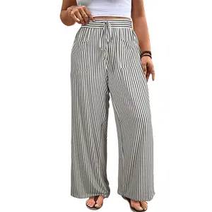 Eytino Womens Plus Size Wide Leg Pants Elastic High Waist Striped Casual Palazzo Pants Lounge Trouser with Pockets (1X-5X)