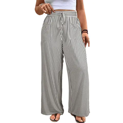 Eytino Womens Plus Size Wide Leg Pants Elastic High Waist Striped Casual Palazzo Pants Lounge Trouser with Pockets (1X-5X)