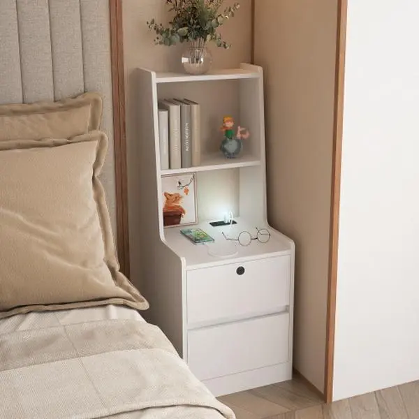 Bellemave Smart Nightstand with Charging Station, Voice-Controlled Night Light, Bookshelf, Storage Cabinet, White, W15.74*D15.74*H41.14, 7 Light Colors, 1 AC Outlet, 2 USB Ports