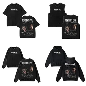 Resident Evil Re9 Remake Hoodie & T-Shirt Leon & Grace Ashcroft, Vintage Acid Wash Apparel, Survival Horror Game Merch, Gold Poster Pullover