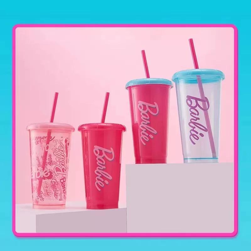 [New Year's gift] MINISO Barbie Sunlight Sparkle Straw Plastic Cup 4-Piece Set Alphabet Water Cups for Drinks and Soda, New Year's gift and Black Friday