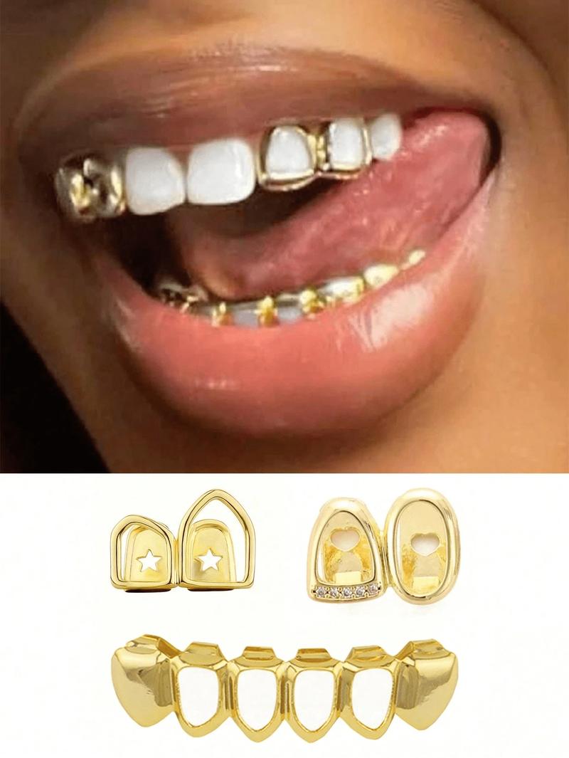 Hollow Oral Tooth Grillz Set with Zirconia Stones Double Top & 4 Hollow Bottom Teeth Hip Hop Street Style Unisex Jewelry Accessories Lightweight Silicone Festival Gift
