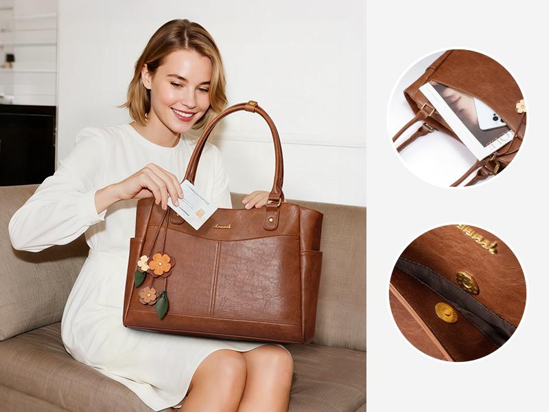 LOVEVOOK Women's Leather Laptop Bag with Large Cup Holder, Vintage Work Tote for Office & Travel, Thickened Compartment for Computer Protection, Elegant Design for All Occasions,TikTokShopStockUp