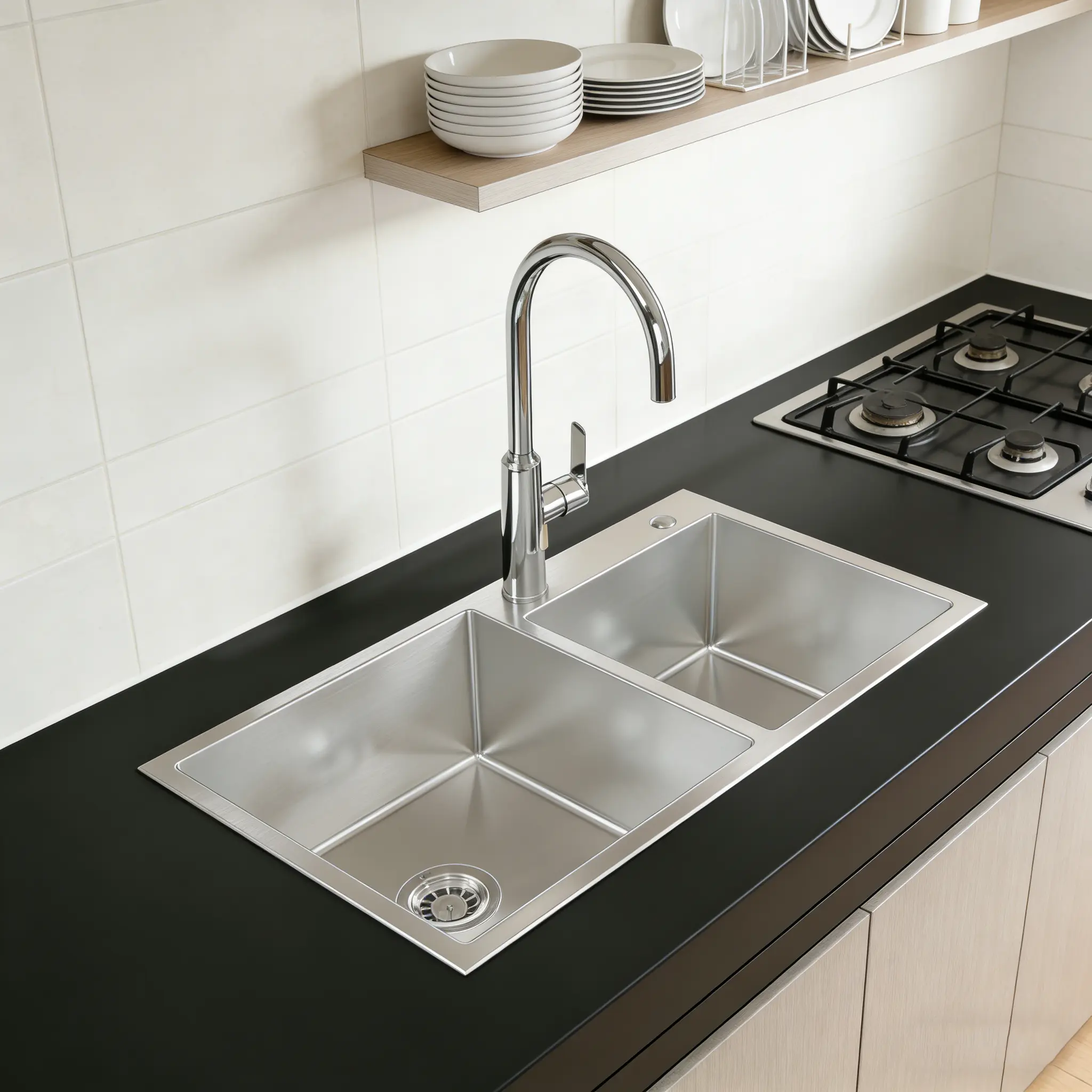 32"x19"x10" Rustic Eco-Friendly Rectangle Stainless Steel Overmount Double Bowl Kitchen Sink - Brushed Nickel, Handmade, US Standard Drain, Hooks, Drain Grooves, Sound Insulation, Water Draining, Countertop Fit, Modern Kitchen Fixture, LS-SSBR03, Durable