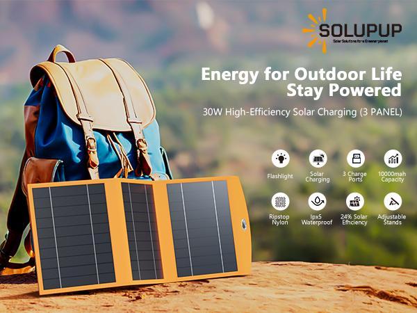 30W Portable Solar Panel Charger with 10000mAh Battery | Foldable Solar Power Bank for Camping, Hiking & Outdoor Trips | Outdoor Solar Panel USB-C Fast Charging for iPhone, Samsung & Tablets
