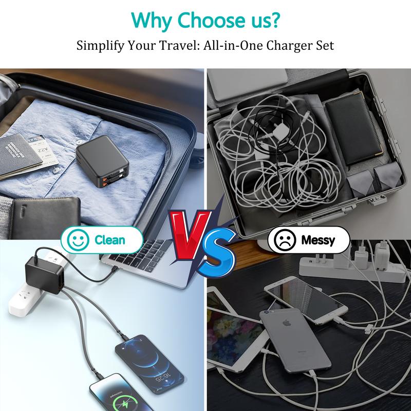 4-in-1 Retractable Car Charger, 100W USB-C Fast Adapter with Lightning Cable & Dual Ports for iPhone, iPad, AirPods, Samsung, Google Pixel