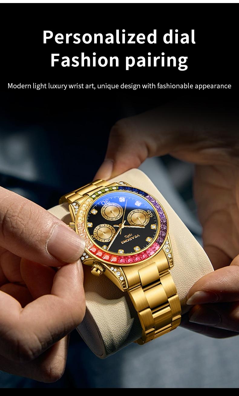 VEADONS Men's Business Fashion Rhinestone Decorated AnalogQuartz Watch Rainbow Crystal Chronograph Quartz Movement Luminous Date WaterResistant for Party Daily Wear Birthday Gift with Box