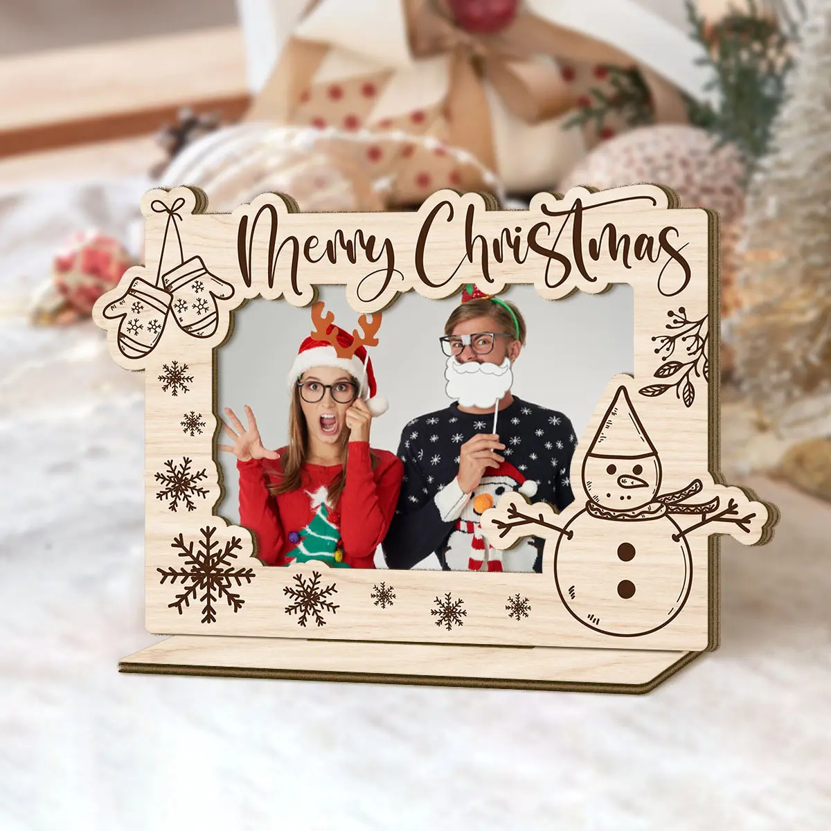 1pc Christmas Theme Wooden Photo Frame, With "Merry Christmas", With a Base Can Stand on the Desktop, Best Christmas Gift choice for Yourself, Family, Desktop Decorative Sign Frame