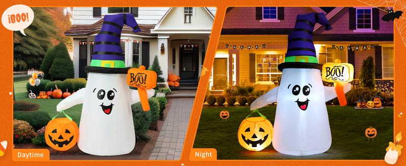 GOOSH 5 FT Outdoor Halloween Decor Inflatables Ghost with Built-in LEDs and Cute Pumpkin Fast Inflation Certified Safety Waterproof Polyester Ornaments