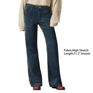 Flamingals Corduroy Patched Pocket Mid Waist Straight Leg Pants Womenswear