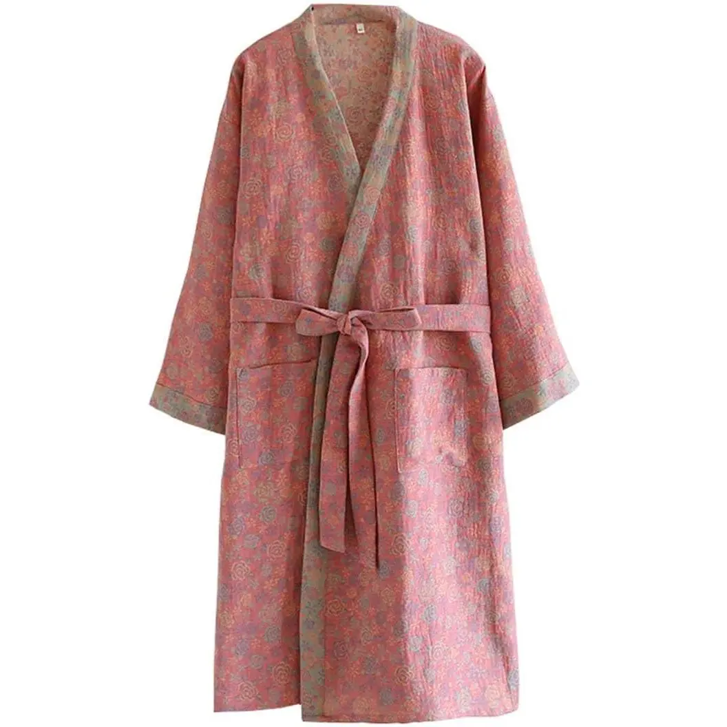 PRINCESS BRIDE Large Yarn-dyed Jacquard Muslin Japanese Robe Breathable Nightgown Kimono Robe Yukata Cozy Bathrobe for Women(Pink)