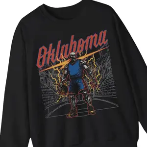 Oklahoma City Basketball Skeleton Graphic Sweatshirt - Vintage Thunder Crewneck Sweatshirt, Vintage Graphic Tee, Unisex Cotton T-Shirt, Trendy Gift T-Shirt, Top Menswear Streetwear Womenswear