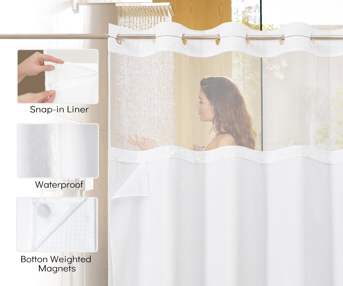 Premium No Hook Washable Waffle Weave Shower Curtain Set, Heavy Duty Double Layer with Snap-in Detachable Waterproof Liner & Mesh Window, Modern Bathroom Accessory for Hotel, Salon, Dector, Household Items, bathroom curtains, Cortina de baño sin ganchos